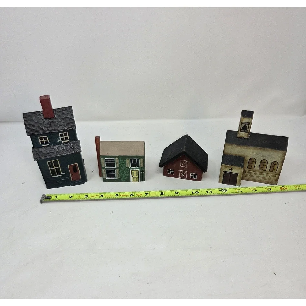 Primitive Folk Art Wooden Village Houses Set of 4 Handpainted Church Barn